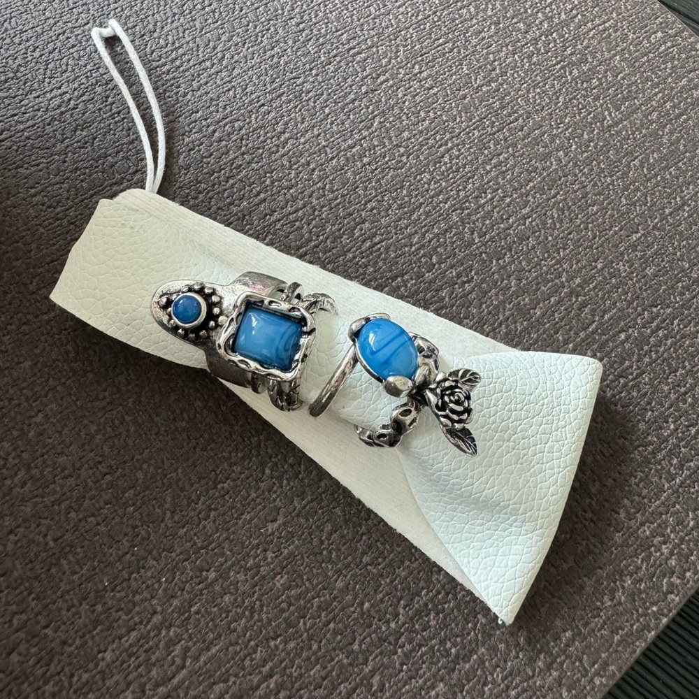 Free People 5 Ring Set Silver Blue Bohemian Boho NWT